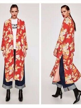TRF ZARA kimono light coat japanese floral overcoat cover boho hippie S/M maxi